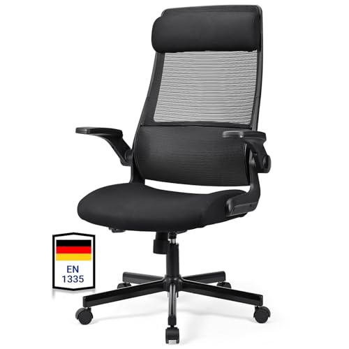 MELOKEA Bürostuhl Ergonomisch, Schreibtischstuhl aus Mesh mit Hochklappbaren Armlehnen, Computer Drehstuhl mit Verstellbare Kopfstütze und S-förmige Lendenwirbelstütze, EN 1335 Office Chair (Schwarz)