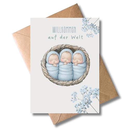 WBdesignz – Geburtskarte „Willkommen auf der Welt“ mit Umschlag – Karte zur Geburt von Drillingen mit Nest-Illustration und Babyblau (DIN A6)