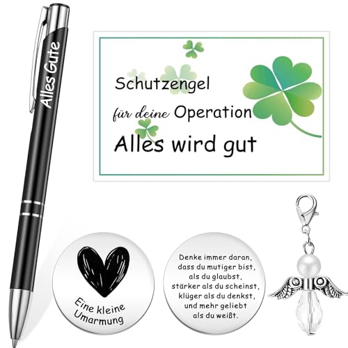 Fiada Glücksbringer Geschenke Set für Operation Motivation Kugelschreiber Schutzengel Anhänger Umarmung alles wird gut Kleeblatt Geschenkkarte Beutel für Freund Gute Besserung Weihnachten