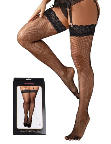 ohyeahlady Halterlose Strümpfe Damen Sexy Große Größen Spizten Fischnetz Stockings Elasthan Netzstrümpfe für Strumpfhalter hohe Strümpfe mit Spitze Oberschenkel Transparent Strümpfe(XL-4XL,Schwarz)