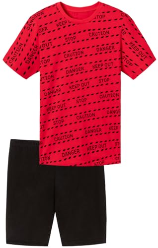 In One Clothing - Jungen Schlafanzug kurz, weicher Single-Jersey aus 100% Baumwolle, mit Motivdruck und Hose in Bermuda Form - mit Motiv Danger, in der Farbe rot/schwarz - Grösse 176