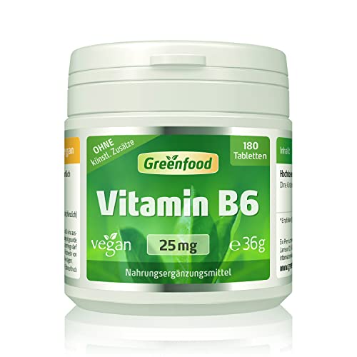 Vitamin B6 Hochdosiert - Vitamin B6 25mg pro Tag (180 vegane Tabletten) - Pyridoxin unterstützt Energiestoffwechsel, verringert Müdigkeit & Ermüdung - ohne Zusätze, laborgeprüft - Greenfood