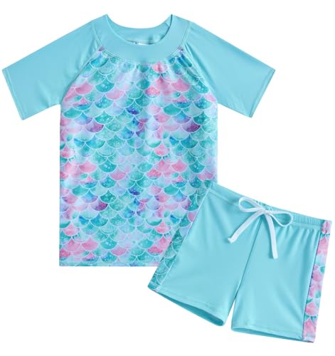 Fanient Mädchen Zweiteiliger Badeanzug Stoffdruck Swimsuit Kurzarm und Shorts Bademode Set 6-7 Jahre