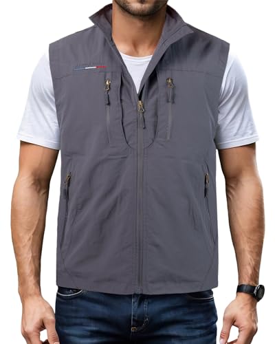 Harbrosrce Herren Outdoor Weste Standkragen Anglerweste Golf Leicht Gilet Schnelltrocknende Ärmellose Jacke Arbeitsweste Jagdweste mit Vielen Taschen für Safari Fotografie