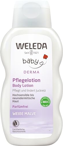 WELEDA Bio Baby Derma Weiße Malve Pflegelotion- Naturkosmetik Feuchtigkeitspflege Bodylotion zur Beruhigung und intensiven Pflege von hochsensibler, neurodermitischer & trockener Haut (1 x 200 ml)