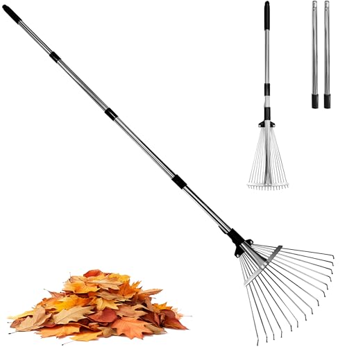 Gartenharke Rechen Laubbesen,Robuster Verstellbarer Metall-Rasenbesen,Gartenrechen mit Langer Stiel (85–175cm) mit ausziehbarem Kopf (20–40cm), Gartengeräte für Garten,Rasen,Sträucher und Blumenbeete