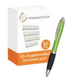 Preiswert&Gut Schreibgeräte Set 50x – Kugelschreiber Set mit Großraummine – schwarz grün, taillierter Schaft, 14 cm, blauschreibend – Kuli für Alltag, Schule & Veranstaltungen