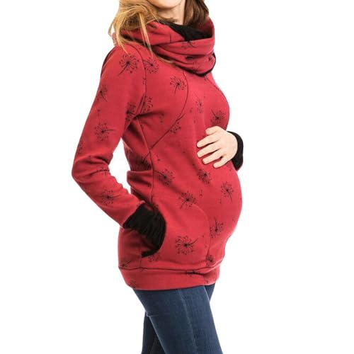 Damen Stillpullover Winter Baumwolle Langarm Einfarbig Rollkragen Zweilagiges Stillen Sweatshirt Hoodie mit Taschen Schwangerschaft Basic Stillzeit Umstandsmode Stillshirts Mit Scarf Sweatjacke Damen