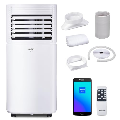 MEDION Smarte Mobile Klimaanlage mit Abluftschlauch P901 (9000 BTU, mobil, inkl. Fensterabdichtung, bis 32m², 3in1,Kühlen Entfeuchten Ventilieren, App- und Sprachsteuerung, Schlafmodus, MD 37732)