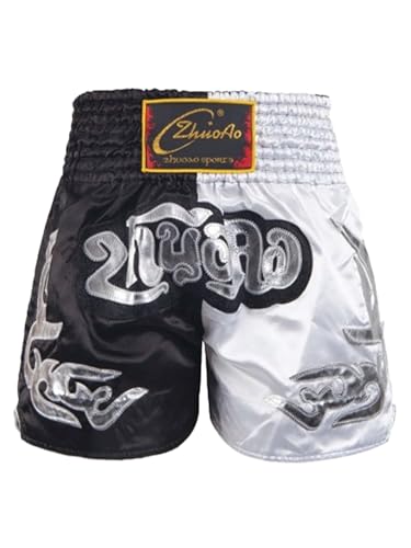 Miaeowve Kinder Junge Muay Thai Short Fighter Thaishorts Thaiboxen Hose Kickboxen Kurz Leggings Kickboxing Sportbekleidung Fitness Schwarz-Weiss 146-152