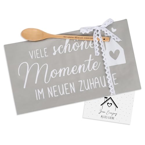 ZJKUBOIS Geschenk zum Einzug - Viele Schöne Momente im Neuen Zuhause Geschirrtuch, Kochlöffel aus Holz und Karte, Einzugsgeschenke Wohnung Haus