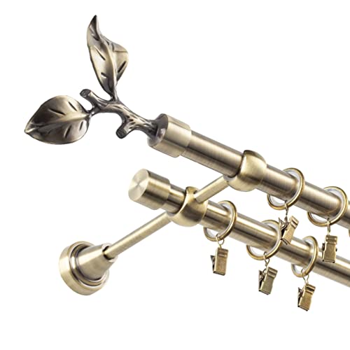 fenster_dekor Gardinenstange 2-läufig 300 cm Rosenblatt – Wandmontage, Stahl, Antike Gold, 19 mm, 60 Ösen mit Klammern, inkl. Dübel