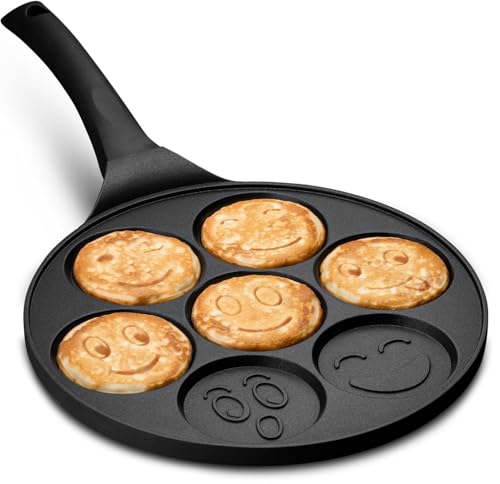 Pfannkuchengrill mit Lächeln, Pancake Pfanne Kinder mit Smiley - Spiegeleipfanne Motiv Ø26cm, für Induktion Ceran Gas Elektro, 7x 6,5 cm mini Form, Eierpfanne für Spiegelei | CREPKE