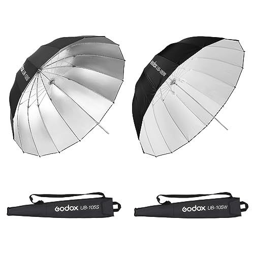 Godox Parabolschirm UB-105S Innen Silber & UB-105W Innen Weiß Fotografie Studio Regenschirm für Videostudioaufnahmen, 105 cm, 2 Stück