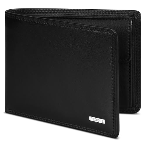 REDOLZ Herren Glatt-Leder-Geldbörse Querformat mit Klappe | Geldbeutel Brieftasche Portmonee Portemonnaie mit Klappe | RFID-Schutz & 8 Kartenfächer Querformat | Maße 12 x 2 x 9 cm (schwarz)