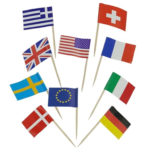 Verschieden Länder Flagge Zahnstocher Flagge 30 Stück Cocktail Picks mit Doppelseitig Druck Verschieden Nationalflagge für Partydeko Food Cake Obst Sandwich Party Pub Deko