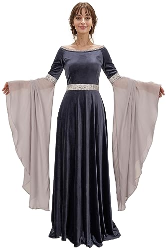 daizbella Renaissance Kleid Frauen Retro Samt Kleid Mittelalter Kostüm Handgemachte Fantasie Mittelalter Kleid, Grau, XL