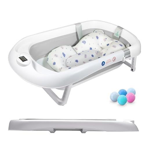 Faltbare Babybadewanne mit rutschfestem Badekissen/Badewanne XXL mit Thermometer zur Kontrolle der Wassertemperatur / 3-Stufen-Badewanne - Ab Geburt bis 2 Jahre / 5 Plastikbälle gratis - (GREY)