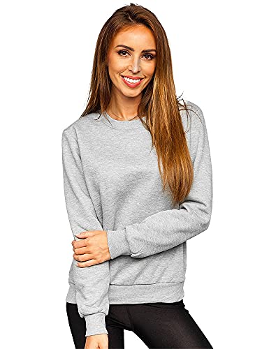 BOLF Damen Sweatshirt Pullover ohne Kapuze Basic Langarmshirt Top Baumwollmischung Pulli Rundhals-Ausschnitt Sweater Farbvarianten Sportlich Fitness J.Style W01 Grau XL [A1A]