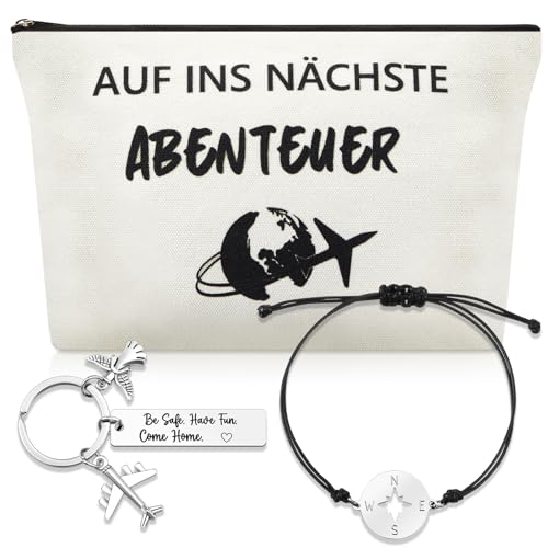 Patelai 4er Set Neuanfang Geschenk Abschiedsgeschenk Kollegin mit Inspirierende Kosmetiktasche Glücksbringer Schlüsselanhänger Kompass Armband und Grußkarte für Kollegen Freundin Ruhestand Jobwechsel
