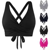 Ahagogo Bikini Oberteil Große Brüste Rückenfreies Oberteil Bikini Damen Push Up Wickeloptik Lace Up Bikini Top V Ausschnitt Badeanzug Top Sommer Strand Bikini Top Swimsuit Oberteil (Black, M)