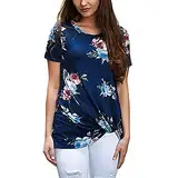 Damen Sommer Tops Floral Kurzarm Rundhals Tunika T-Shirt Twist Geknotete T-Shirts Komfort Locker Sitzende Bluse (M,Blau)