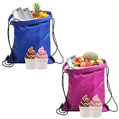 BEIIEB 2er-Pack Isolierte Lunch-Taschen mit Kordelzug, wasserdichte faltbare Lunch-Taschen, Isolierung, Kühltaschen, Lunch-Taschen für Arbeit, Schule, Strand, Picknick, Rosa, Blau (27 x 33 cm)