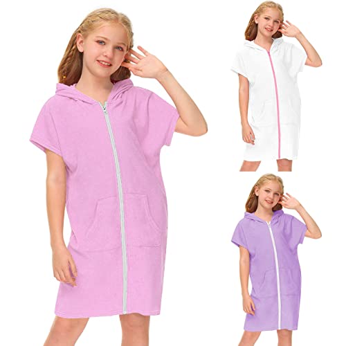 Badebekleidung für Kinder und Mädchen, mit Kapuze und Reißverschluss, Frottee, Strandmantel, Kleid, Bademantel, Handtuch, Badeanzug, rose, 4-5 Jahre