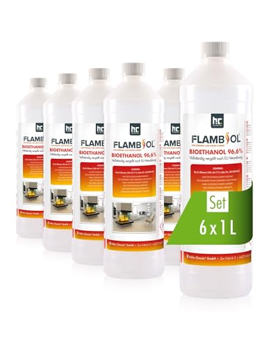 FLAMBIOL Bioethanol 96,6% Premium 6 x 1 L - Ethanol für Tischkamin, Kamin & Gartendeko für Draußen - Rauch- und Rußfrei - Aus Mais & Zuckerrüben