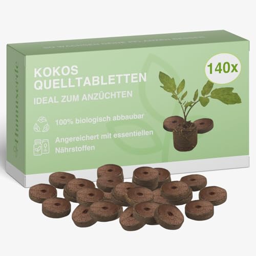 Kokos Quelltabletten mit Nährstoffen I Torffreie Quelltabletten 140 Stück I Gepresste Kokoserde für Pflanzenanzucht I Anzuchttabletten für Aussaat von Gemüse Blumen & Zimmerpflanzen