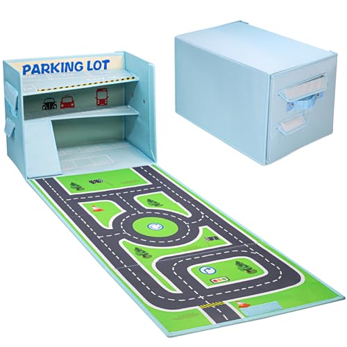 Edsnor Spielzeug Garage für Autos - 3 in1 Spielzeugautos Box, Auto Organizer und Spielteppich (Nicht enthalten Autos)