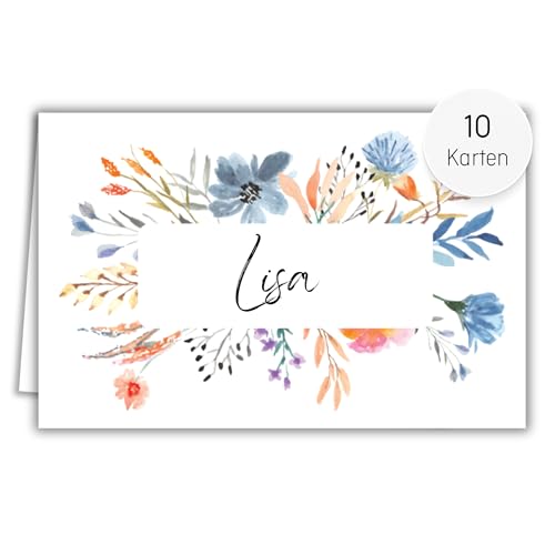 luv art & design 10x Namenskärtchen Wildblumen Motiv - Format 8,5 x 5,5 cm - für Hochzeit, Taufe, Geburtstag, Konfirmation