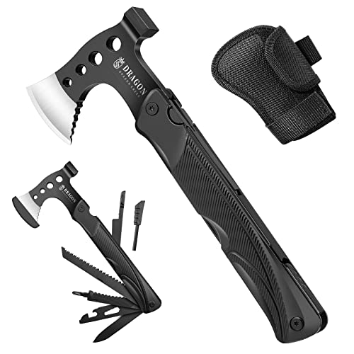 DRAGON CREEK Camping Axt Beil, Outdoor Survival Multitool klein Axt, Aluminium Griff 15 in 1 Multifunktionswerkzeug mit Hammer Säge Messer, mini Werkzeug - Geschenke für Männer