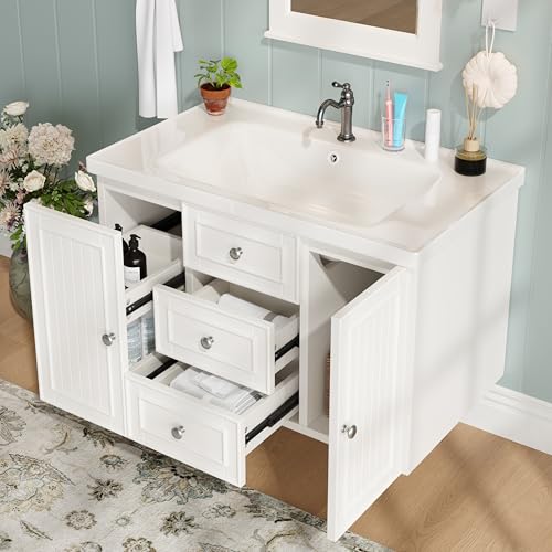 Dolamaní Badmöbel Set Waschtisch mit Unterschrank hängend 78.5×46×46.8cm, Schrank Badmöbel mit 3 Schubladen, viel Stauraum (Weiß C)