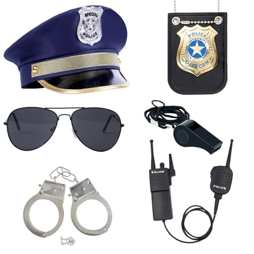 ZUCOS Polizei Kostüm für Kinder, Erwachsene, Polizist Handschellen Sonnenbrille Abzeichen Jungen Mädchen Karneval Detective Dress ups Halloween Kostüm (A, Medium)