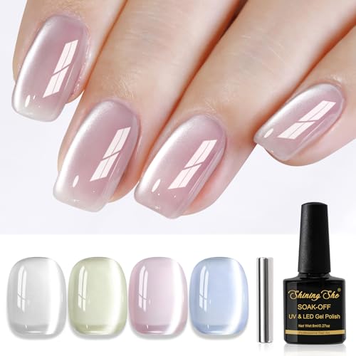 Shining She UV Nagellack Jelly Magnet CatEye, 4 Farben Mondlicht Cat Eye Nude Weiß Rosa Grün Blau UV Gel Nagellack Soak-Off UV Shellac Nagellack für Anfänger Maniküre Salon, 8ML