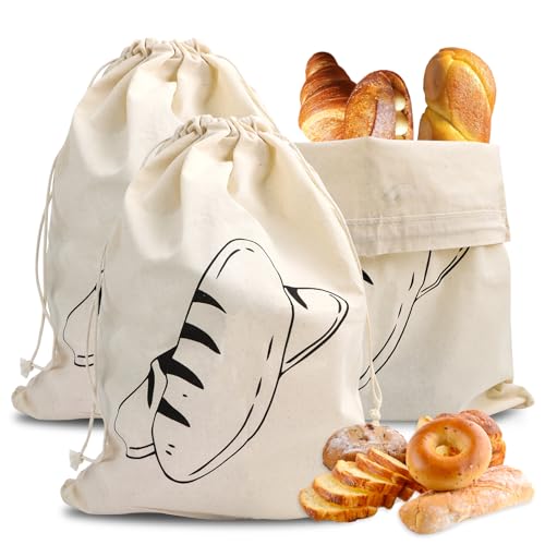 MplehDa Brotbeutel 3 Stück Leinen Brotbeutel Leinenbeutel für Brot 40 x 30cm, Brotsack zum Frischhalten, Brottüten Leinen für Selbstgemachtes Brot, Beutel für Brot, Baguette, Obst, Gemüsebeutel
