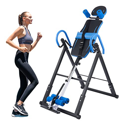 ZELUS Inversionsbank Klappbar Inversionstisch mit Verstellbarer Kopfstütze, Schutzgürtel Schwerkrafttrainer mit 4 Inversionswinkeln Multifunktionsgerät Rückentrainer 150 kg Bauchtrainer (Blau&Schwarz)