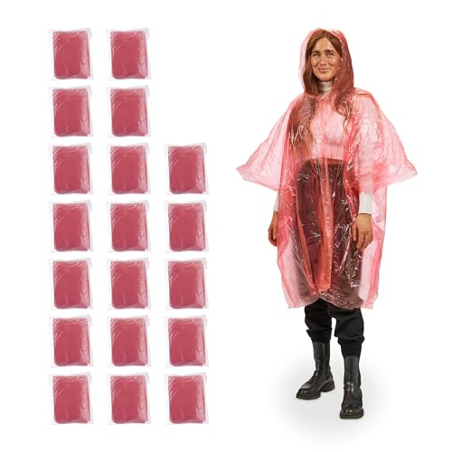 Relaxdays Regenponcho, 20er Set, Einweg Regencape mit Kapuze, Wandern, Festival, Notfallponcho für Damen & Herren, rot