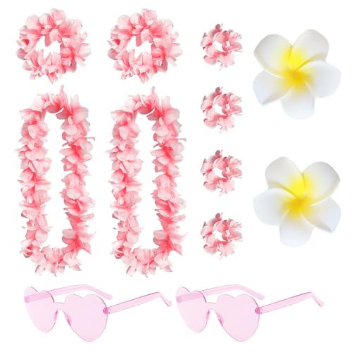 12 Stück Hawaii kette Hawaiianische Party Dekorationen Blume Halskette Stirnbänder Armbänder Herz Sonnenbrille Hawaiianischen Tropische Partys, Strandpartys Supplies für Kinder Erwachsene