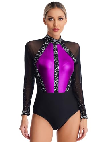 iEFiEL Damen Patwork Turnanzug Langarm Gymnastikbody Mit Strass Training Sportbody Trikotanzug Wettbewerb Leotard Tanzbody Violett XXL