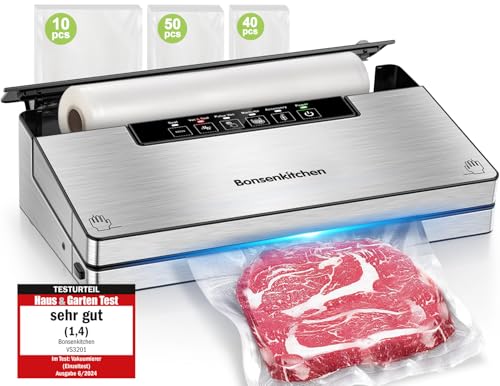 Bonsenkitchen Vakuumierer, Stark Vakuumiergerät mit 5 Modi, 8 L/Min, Globefish-Technologie für Kontinuierliches Arbeiten mit Hoher Geschwindigkeit, Enthält 100 Vakuumbeutel und 1 Rollbeutel