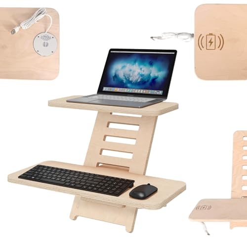 CAWI Stehschreibtisch Aufsatz mit Induktionsladegerät | Stehpulte | Holz | Laptopständer mit Wireless Charging | Höhenverstellbar | Made in EU (Natürlich)