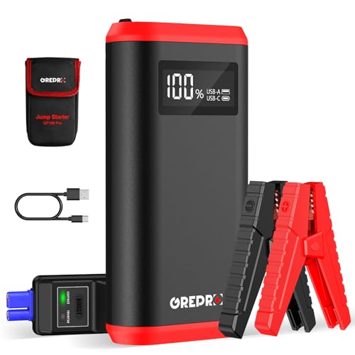 GREPRO Starthilfe Powerbank (bis zu 10.0L Benzin,8.0L Diesel), 3000A Auto Starthilfe Powerbank für 12V Starter Powerbank, Tragbare Auto Starthilfe mit LCD Bildschirm Leistungsanzeige,LED Taschenlampe