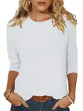 Minetom Damen 3/4 Arm Shirt Rundhals Pullover Sommer Tshirt Leichte Bluse Klassische Oberteil Basic Tops Wei?M