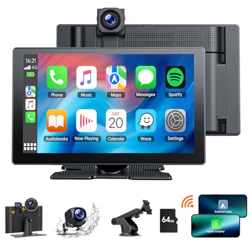 Volam 9 Zoll Wireless A-pple Carplay Display Android Auto, Tragbares Autoradio Carplay Bildschirm mit 4K Dashcam Auto Vorne Hinten,1080P Rückfahrkamera, Mirror Link, GPS, G-oogle,Siri, 64G SD-Karte