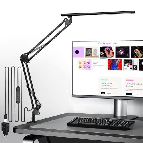 Schreibtischlampe für das Heimbüro, Schreibtischlampe Klemmbar , Architektenleuchte mit QC3.0 Adapter, Fresnel Linse, Tischlampe, 5 Farbmodi und Helligkeit, Klemmlampe mit Speicherfunktion, Schwarz