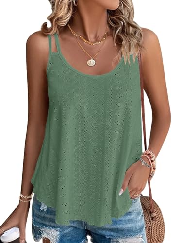 WNEEDU Grün Sommer Tops Damen Rundhalsausschnitt Spaghetti Tank Top Ärmellose Cami Oberteile Shirts Dunkles Grün L