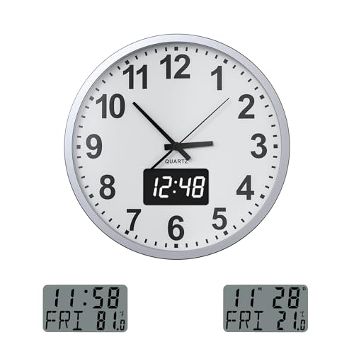 KWANWA Modern Wanduhr Ohne TickgeräUsche,große Wanduhr mit analoger Zeitanzeige,digitaler Kalender-und Temperaturanzeige,batteriebetrieben,30.5cm,für KüChe Schlafzimmer BüRo Schule