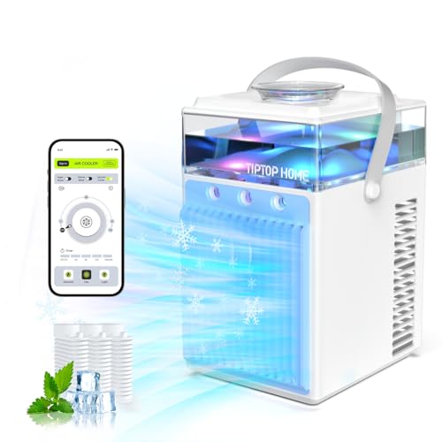 Mobile Klimaanlage, 5 in 1 Mini Klimagerät mit App-Steuerung, Persönlich Ventilator mit 600ml Wassetank, 3 Geschwindigkeiten, 3 Nebelmodi, Tragbarer Klimaanlage für Zimmer Büro